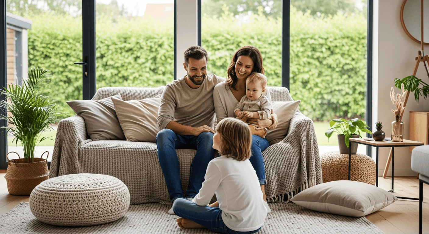 Happy family enjoying time together in their secure, comfortable home with natural light