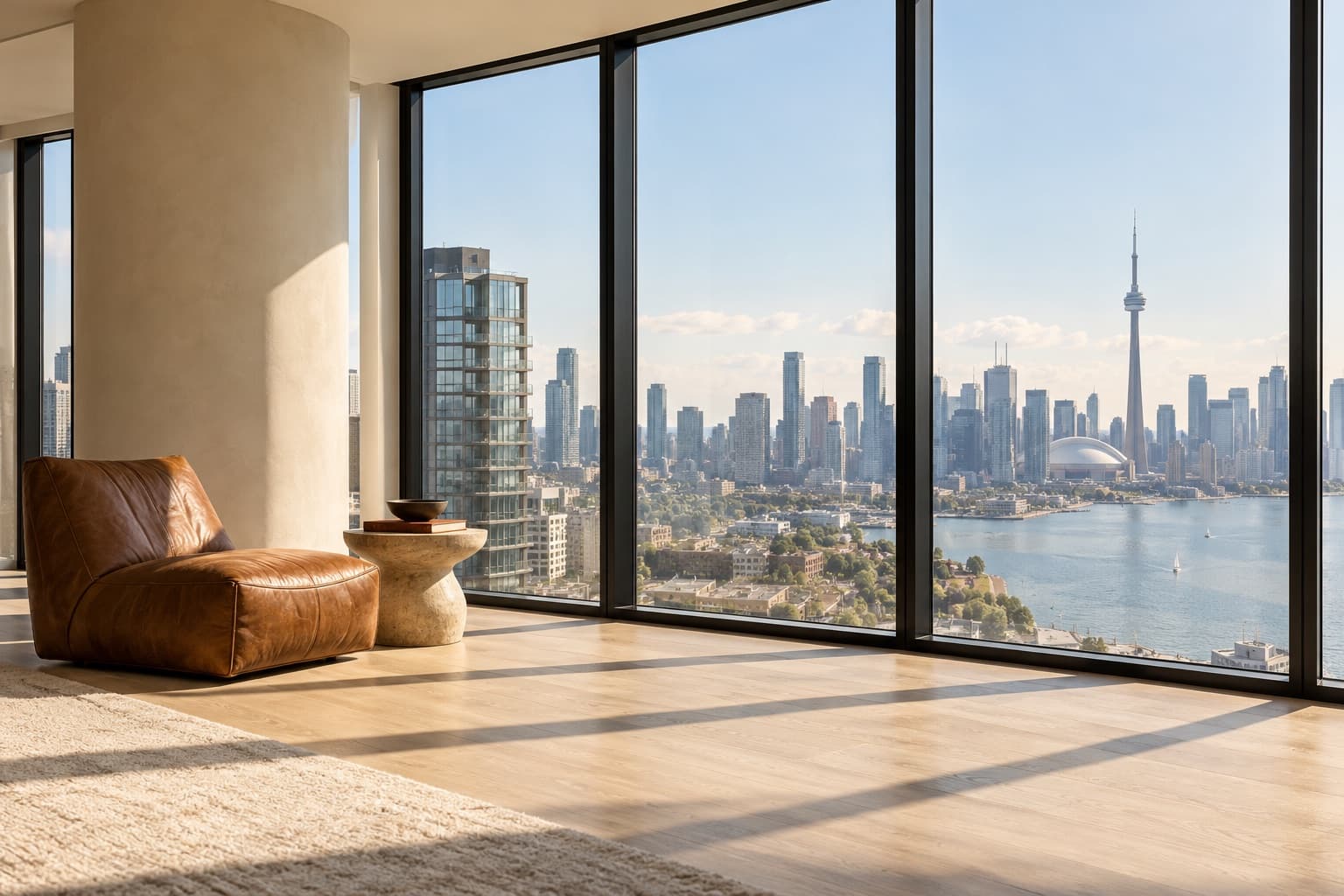 Bright condo living room with floor-to-ceiling windows looking over Toronto and the CN Tower